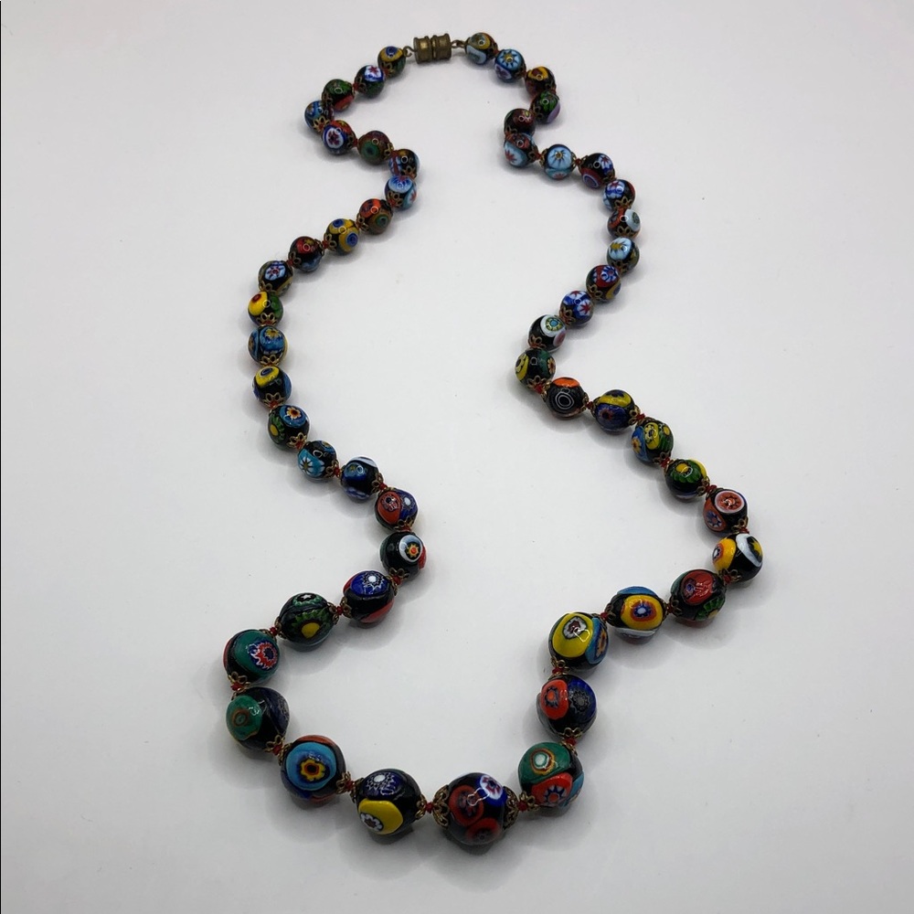 Vintage Millefiori Art Glass Bead Necklace Colorful Artisan Boho Statement Look